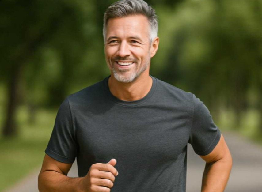 Aktiv man symboliserar effekterna av testosteronbehandling (TRT) Testosteronbehandling (TRT) – aktiv man som springer, symboliserar ökad energi, styrka och anti-aging.